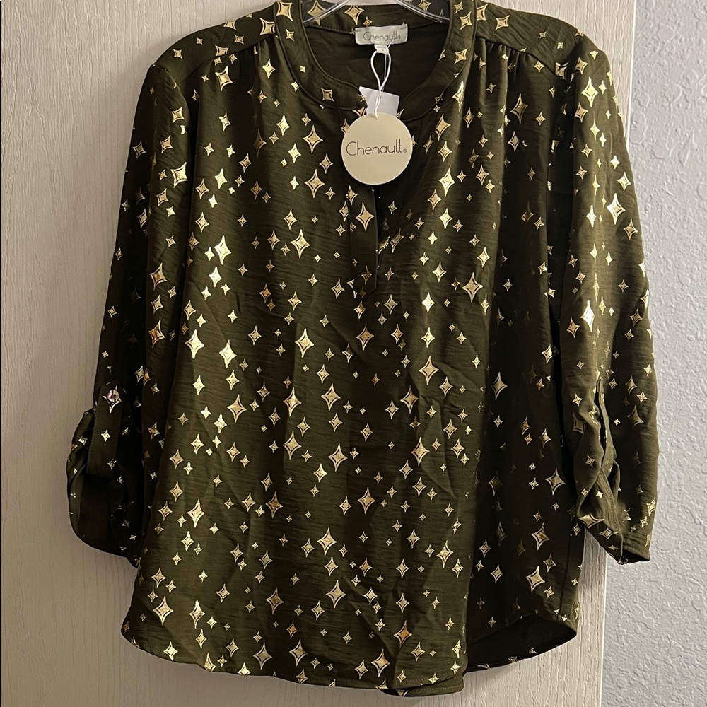 Chenault Dark Green Blouse with Gold Accents